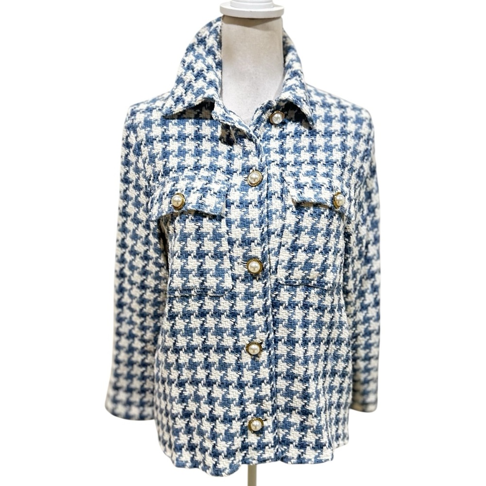 Zara Blue and White Houndstooth Button Down Shirt - Picture 4 of 12